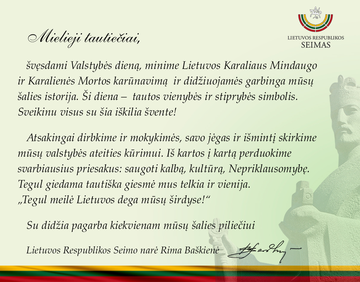Seimo narės Rimos Ba&scaron;kienės sveikinimas